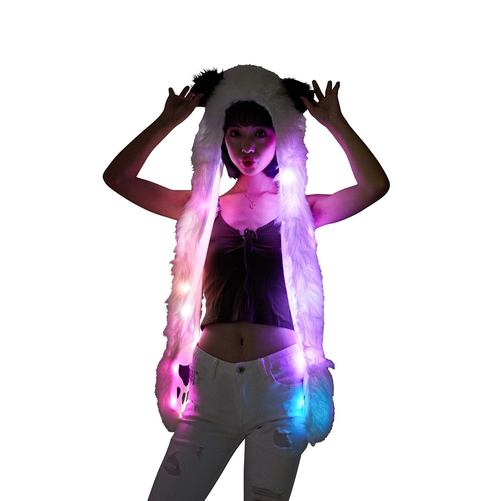 LED Light Up Panda Hat Scarf Gloves Faux Fur Spirit Hood w/ Paws Cosplay Costume - Picture 6 of 8